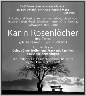 Traueranzeige von Karin Rosenlöcher von Mitteldeutsche Zeitung Halle/Saalkreis