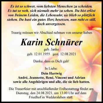 Traueranzeige von Karin Schnürer von Trauerkombi Quedlinburg