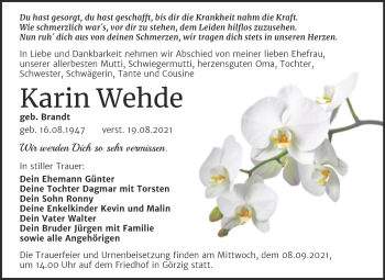 Traueranzeige von Karin Wehde von Trauerkombi Köthen