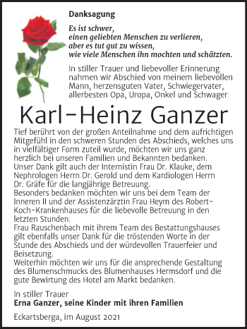 Traueranzeige von Karl-Heinz Ganzer von Wochenspiegel Naumburg/Nebra