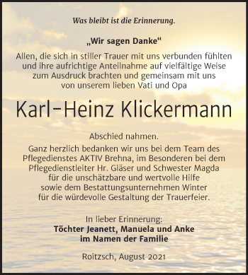 Traueranzeige von Karl-Heinz Klickermann von Trauerkombi Bitterfeld