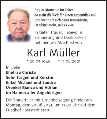 Traueranzeige von Karl Müller von Trauerkombi Bernburg
