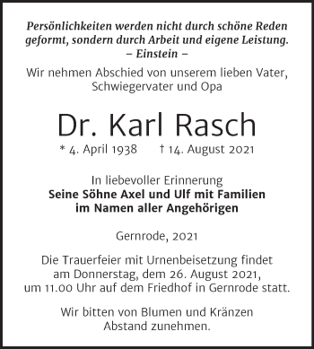 Traueranzeige von Karl Rasch von Trauerkombi Quedlinburg