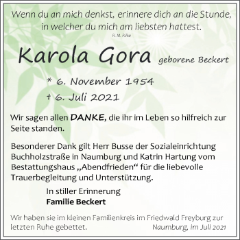 Traueranzeige von Karola Gora von Wochenspiegel Naumburg/Nebra