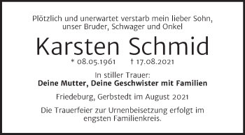 Traueranzeige von Karsten Schmid von Trauerkombi Mansfelder Land