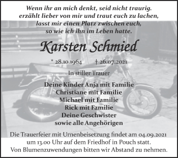 Traueranzeige von Karsten Schmied von Trauerkombi Bitterfeld