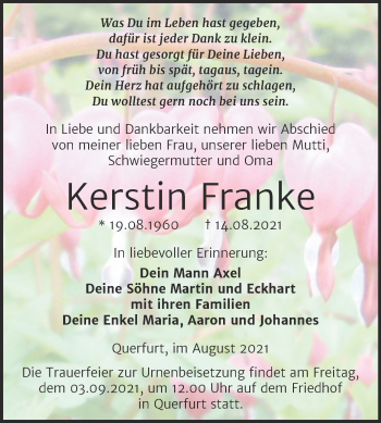 Traueranzeige von Kerstin Franke von Trauerkombi Merseburg