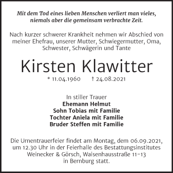 Traueranzeige von Kirsten Klawitter von Trauerkombi Bernburg
