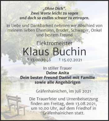 Traueranzeige von Klaus Buchin von Trauerkombi Wittenberg