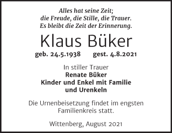 Traueranzeige von Klaus Büker von Trauerkombi Wittenberg