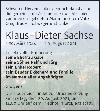 Traueranzeige von Klaus-Dieter Sachse von Naumburger Tageblatt