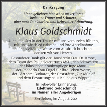 Traueranzeige von Klaus Goldschmidt von Trauerkombi Mansfelder Land