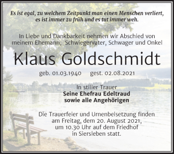 Traueranzeige von Klaus Goldschmidt von Trauerkombi Mansfelder Land