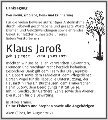 Traueranzeige von Klaus Jaroß von Trauerkombi Köthen