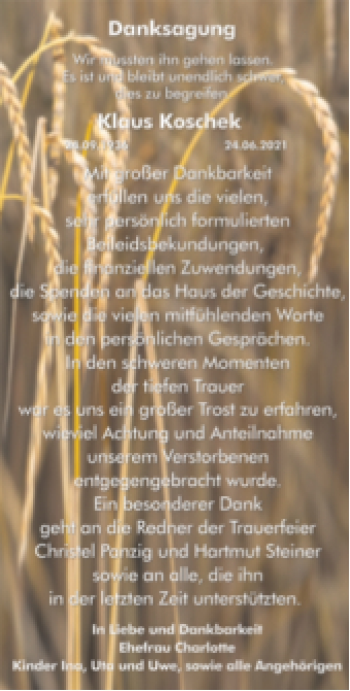 Traueranzeige von Klaus Koschek von Trauerkombi Wittenberg