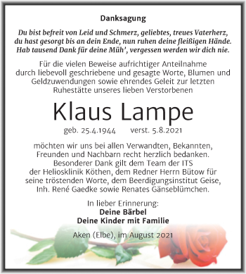 Traueranzeige von Klaus Lampe von Trauerkombi Köthen