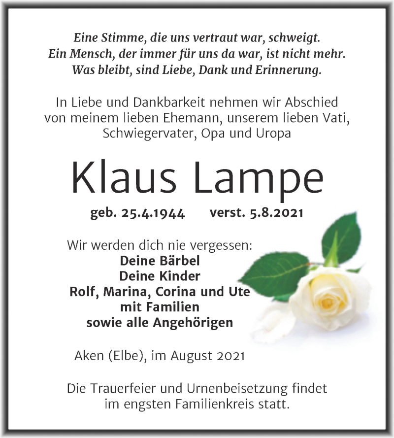  Traueranzeige für Klaus Lampe vom 07.08.2021 aus Trauerkombi Köthen