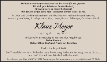 Traueranzeige von Klaus Meyer von Trauerkombi Quedlinburg