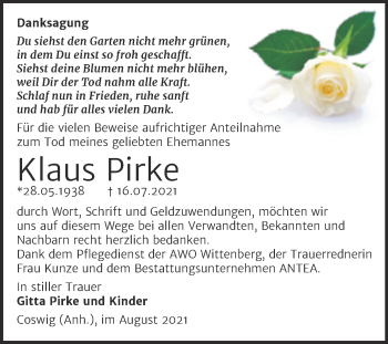 Traueranzeige von Klaus Pirke von Trauerkombi Wittenberg