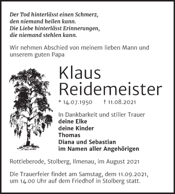 Traueranzeige von Klaus Reidemeister von Trauerkombi Sangerhausen
