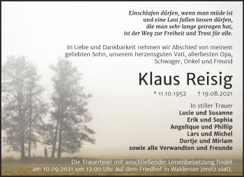 Traueranzeige von Klaus Reisig von Trauerkombi Dessau