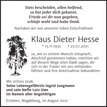 Traueranzeige von Klaus Dieter Hesse von Trauerkombi Mansfelder Land
