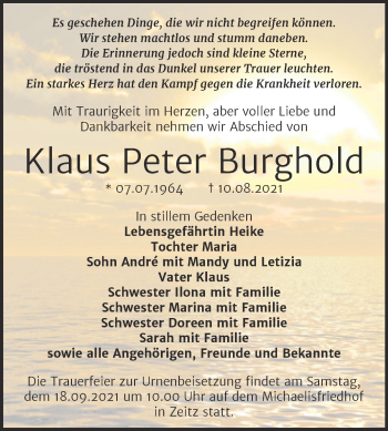 Traueranzeige von Klaus Peter Burghold von Trauerkombi Mansfelder Land