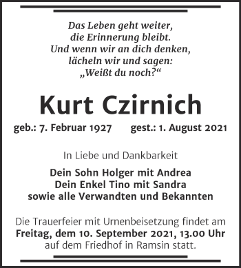 Traueranzeige von Kurt Czirnich von Trauerkombi Bitterfeld