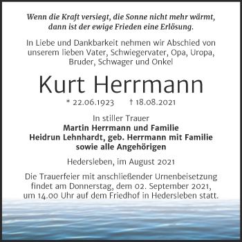 Traueranzeige von Kurt Herrmann von Trauerkombi Quedlinburg