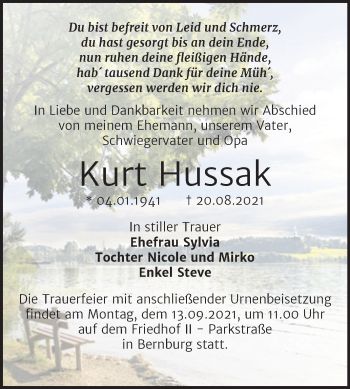 Traueranzeige von Kurt Hussak von Trauerkombi Bernburg