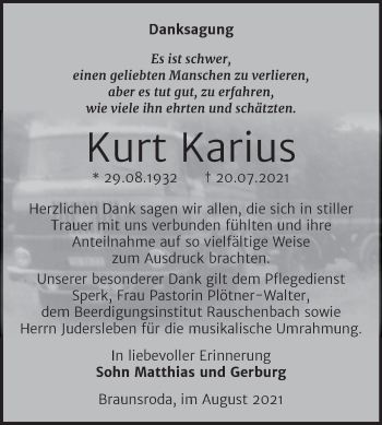 Traueranzeige von Kurt Karius von Naumburger Tageblatt