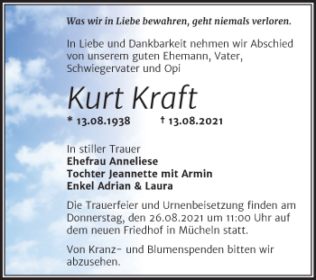 Traueranzeige von Kurt Kraft von Trauerkombi Merseburg