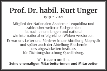 Traueranzeige von Kurt Unger von Trauerkombi Quedlinburg