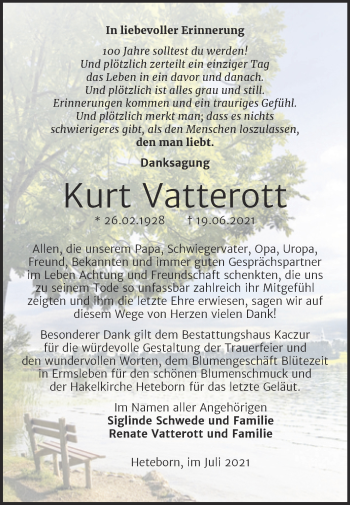 Traueranzeige von Kurt Vatterott von Trauerkombi Quedlinburg