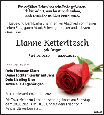 Traueranzeige von Lianne Ketteritzsch von Trauerkombi Weißenfels