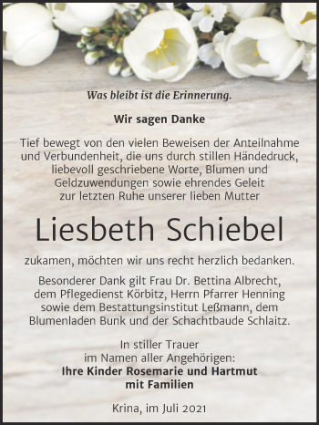 Traueranzeige von Liesbeth Schiebel von Trauerkombi Bitterfeld