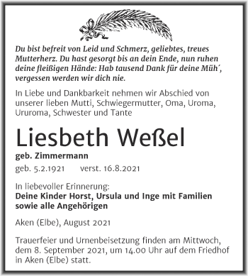 Traueranzeige von Liesbeth Weßel von Trauerkombi Köthen