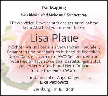 Traueranzeige von Lisa Plaue von Trauerkombi Bernburg