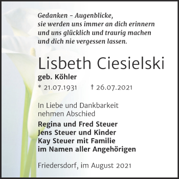 Traueranzeige von Lisbeth Ciesielski von Trauerkombi Bitterfeld