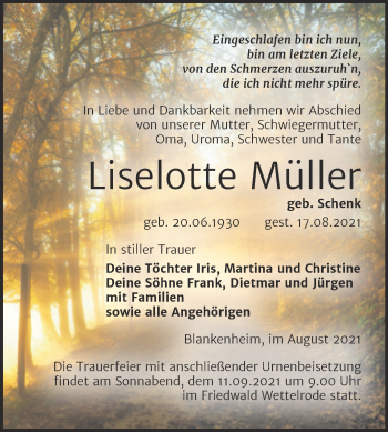 Traueranzeige von Liselotte Müller von Trauerkombi Sangerhausen