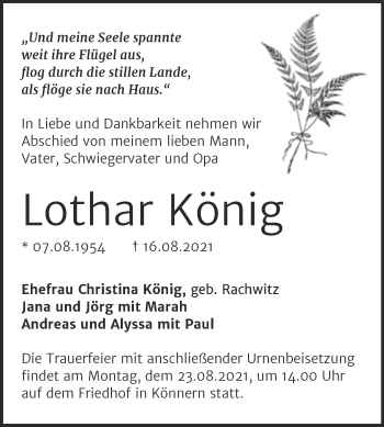 Traueranzeige von Lothar König von Trauerkombi Bernburg