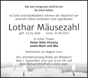 Traueranzeige von Lothar Mäusezahl von Trauerkombi Zeitz