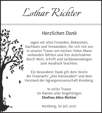 Traueranzeige von Lothar Richter von Trauerkombi Wittenberg