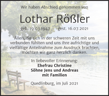 Traueranzeige von Lothar Rößler von Trauerkombi Quedlinburg