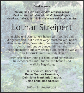Traueranzeige von Lothar Streipert von Trauerkombi Weißenfels