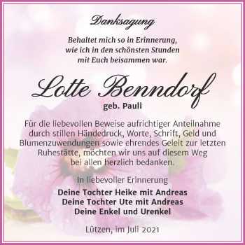 Traueranzeige von Lotte Benndorf von Trauerkombi Weißenfels