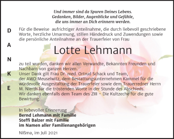 Traueranzeige von Lotte Lehmann von Trauerkombi Zeitz