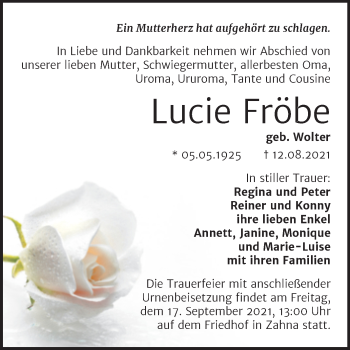 Traueranzeige von Lucie Fröbe von Trauerkombi Wittenberg