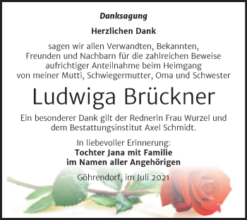 Traueranzeige von Ludwiga Brückner von Trauerkombi Merseburg
