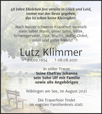 Traueranzeige von Lutz Klimmer von Trauerkombi Mansfelder Land